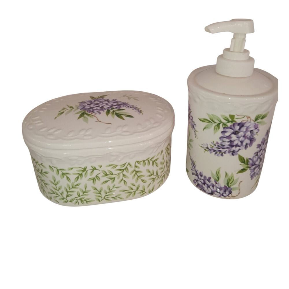 Liz Claiborne Wisteria Ceramic Lotion Bottle and Container Set Early 2000's